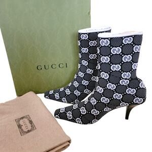 Gucci GG Monogram Ankle Boots Technical Jersey Logo Black White Heeled 9.5 39.5